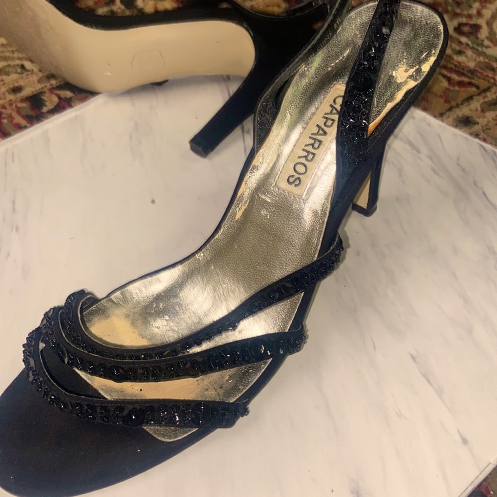 Black dress shoes, around ankle strap, rhinestone encrusted full shoe open toe